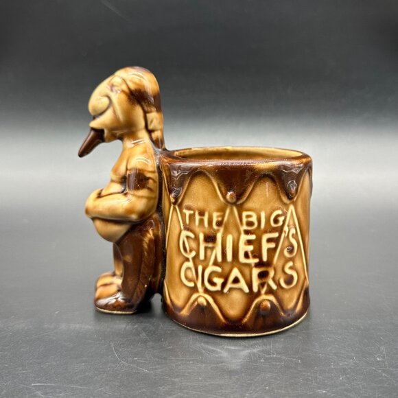 Vintage The Big Chiefs Cigars Pen Holder Planter 40s Ceramic GS Brown Organizer - Picture 2 of 11